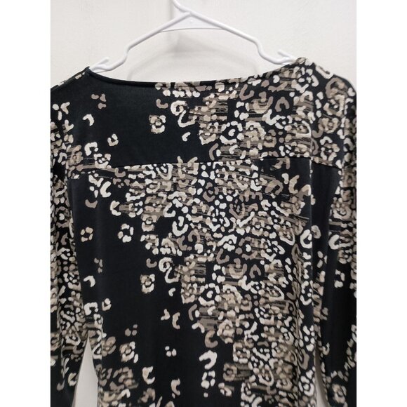 AK Anne Klein Womens Top Medium Black Beige Animal Print 3/4 Sleeve Ruched - Picture 8 of 8